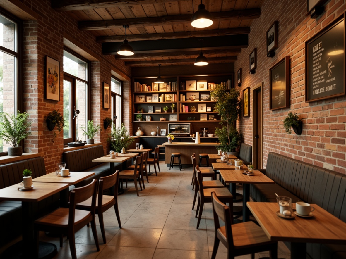 Prompt: Cozy coffee shop, warm ambiance, soft glowing pendant lights, rustic wooden tables, comfortable couches, rich aromas, vintage decorations, exposed brick walls, earthy tone colors, intimate corner booths, floor-to-ceiling shelves, antique book collections, warm beige tones, gentle spotlighting, 1/2 composition, shallow depth of field, realistic textures, ambient occlusion.