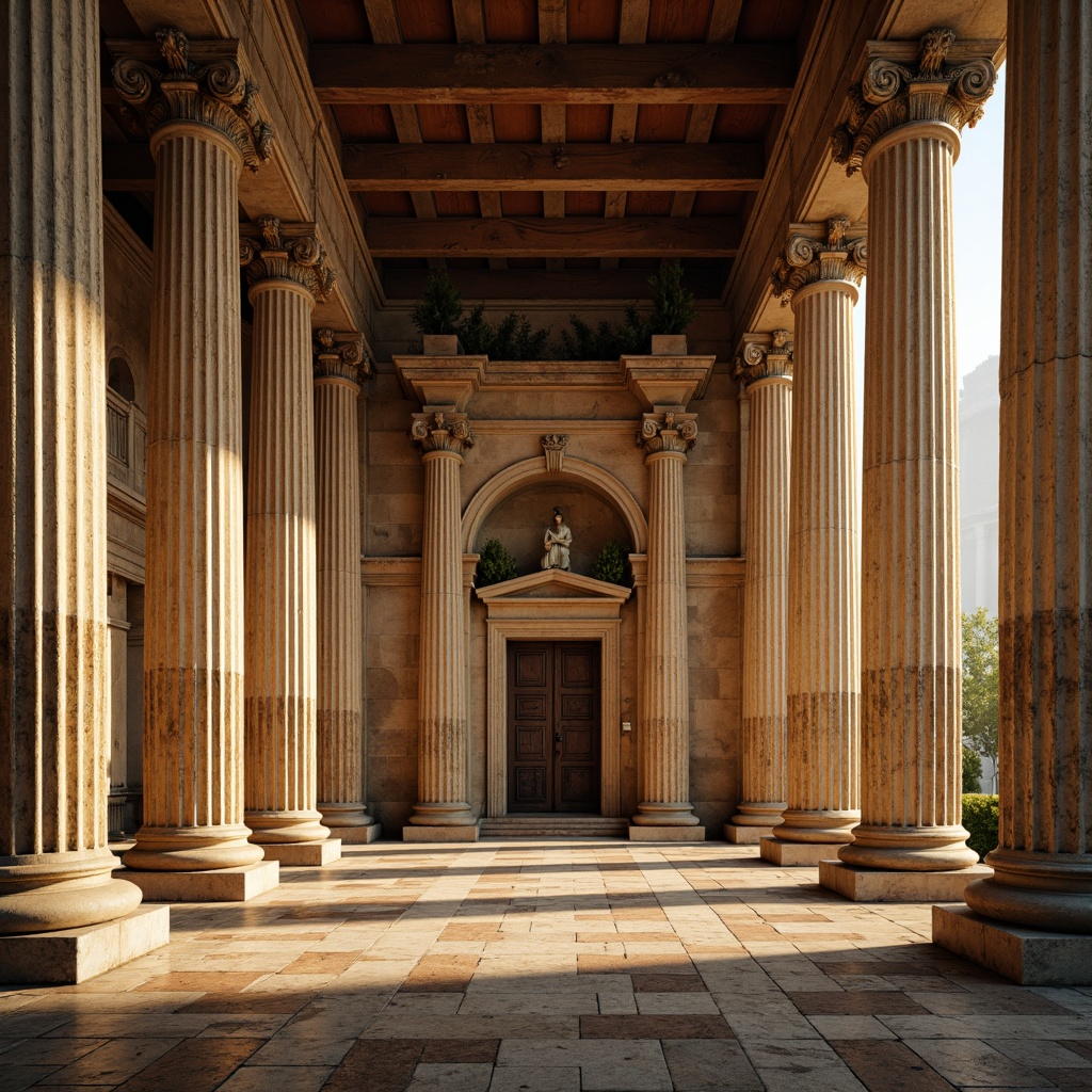 Prompt: Grandiose ancient temple, towering Doric columns, intricately carved capitals, ornate friezes, rustic stone walls, weathered marble floors, majestic entrance archways, solemn atmosphere, warm golden lighting, high contrast shadows, shallow depth of field, symmetrical composition, realistic textures, ambient occlusion.