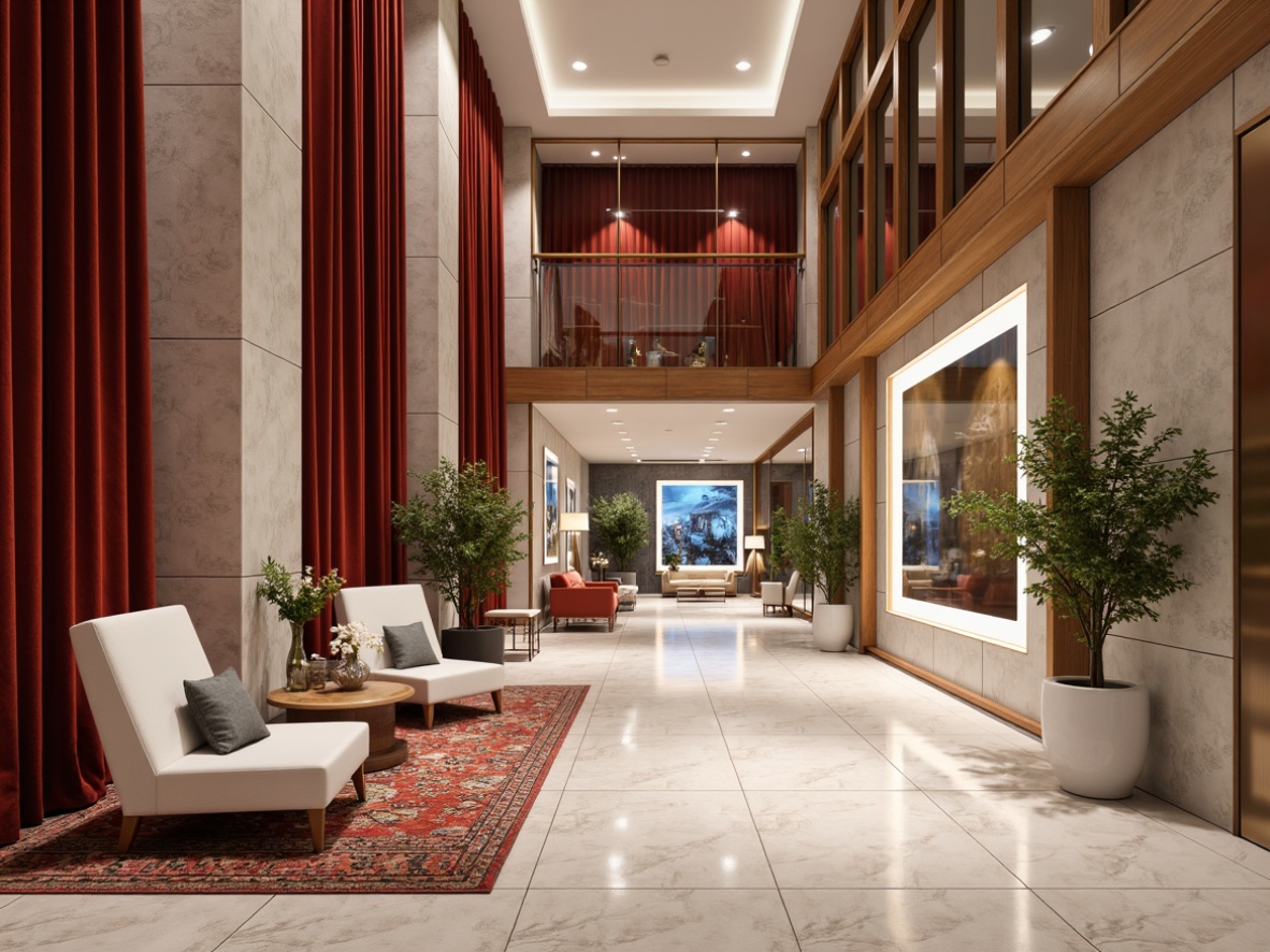 Prompt: Polished marble floors, luxurious wood paneling, sleek metal railings, transparent glass walls, vibrant color accents, intricate patterned carpets, plush velvet drapes, glossy acrylic displays, natural stone columns, modern minimalist decor, ambient LED lighting, shallow depth of field, 1/1 composition, realistic reflections, subtle gradient backgrounds.