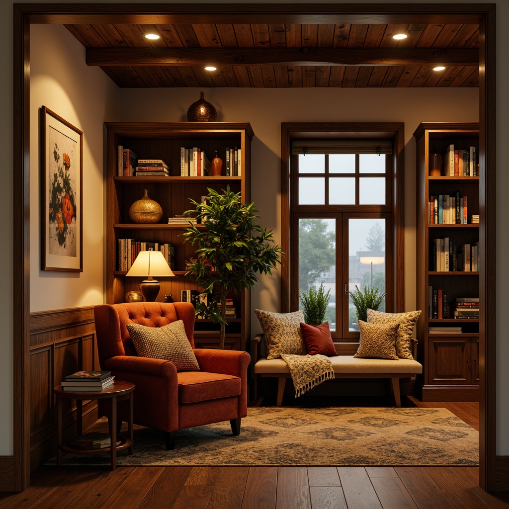 Prompt: Cozy reading nook, warm beige walls, plush velvet armchair, floor-to-ceiling bookshelves, rich wood accents, soft golden lighting, table lamps, pendant lights, frosted glass shades, industrial metal fixtures, rustic wooden beams, comfy throw blankets, quiet evening ambiance, warm color temperature, high contrast ratio, dramatic shadows, cinematic mood, 1/2 composition, shallow depth of field, realistic textures, ambient occlusion.