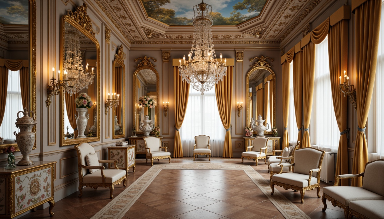 Prompt: Luxurious palace, ornate mirrors, crystal chandeliers, gilded frames, velvet drapes, carved wooden paneling, intricate moldings, soft pastel colors, delicate porcelain vases, ornamental clocks, lavish furnishings, curved lines, shell motifs, foliage patterns, golden accents, warm candlelight, shallow depth of field, 1/2 composition, realistic textures, ambient occlusion.