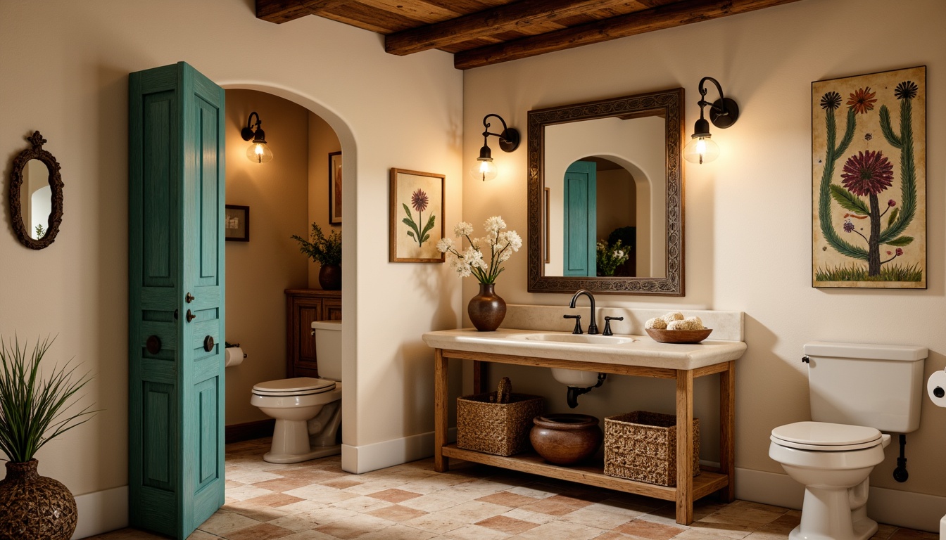 Prompt: Southwestern-style powder room, warm beige walls, turquoise accents, rustic wooden vanity, ornate metal fixtures, woven basket storage, desert-inspired botanical prints, natural stone flooring, earthy terracotta pots, vintage Native American patterns, soft warm lighting, 1/1 composition, intimate mirror reflection, realistic textures, ambient occlusion.