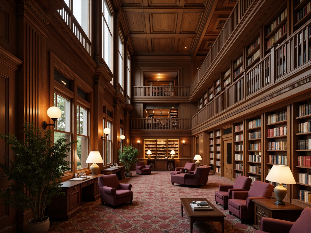 Prompt: Grand neoclassical library, high ceilings, ornate moldings, rich wood tones, comfortable reading nooks, plush velvet armchairs, elegant wooden desks, classic bookshelves, intricate carvings, sophisticated lamps, warm golden lighting, subtle textures, 1/1 composition, shallow depth of field, realistic materials, ambient occlusion, luxurious atmosphere, intellectual ambiance.