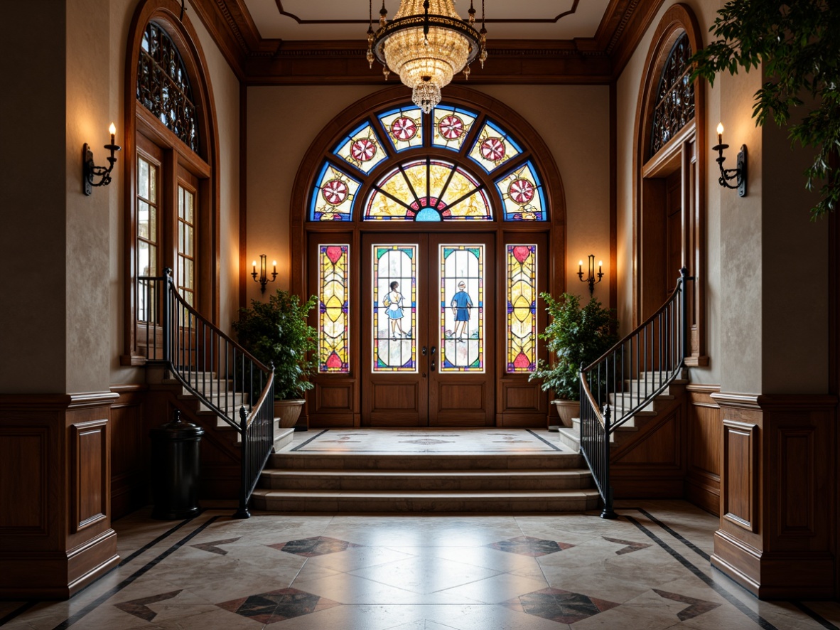 Prompt: Elegant Victorian-era mansion, grand entrance hall, intricately designed stained glass doors, vibrant colorful patterns, ornate metal framework, luxurious wooden panels, polished marble floors, sweeping staircase, crystal chandeliers, warm soft lighting, shallow depth of field, 1/2 composition, realistic textures, ambient occlusion.