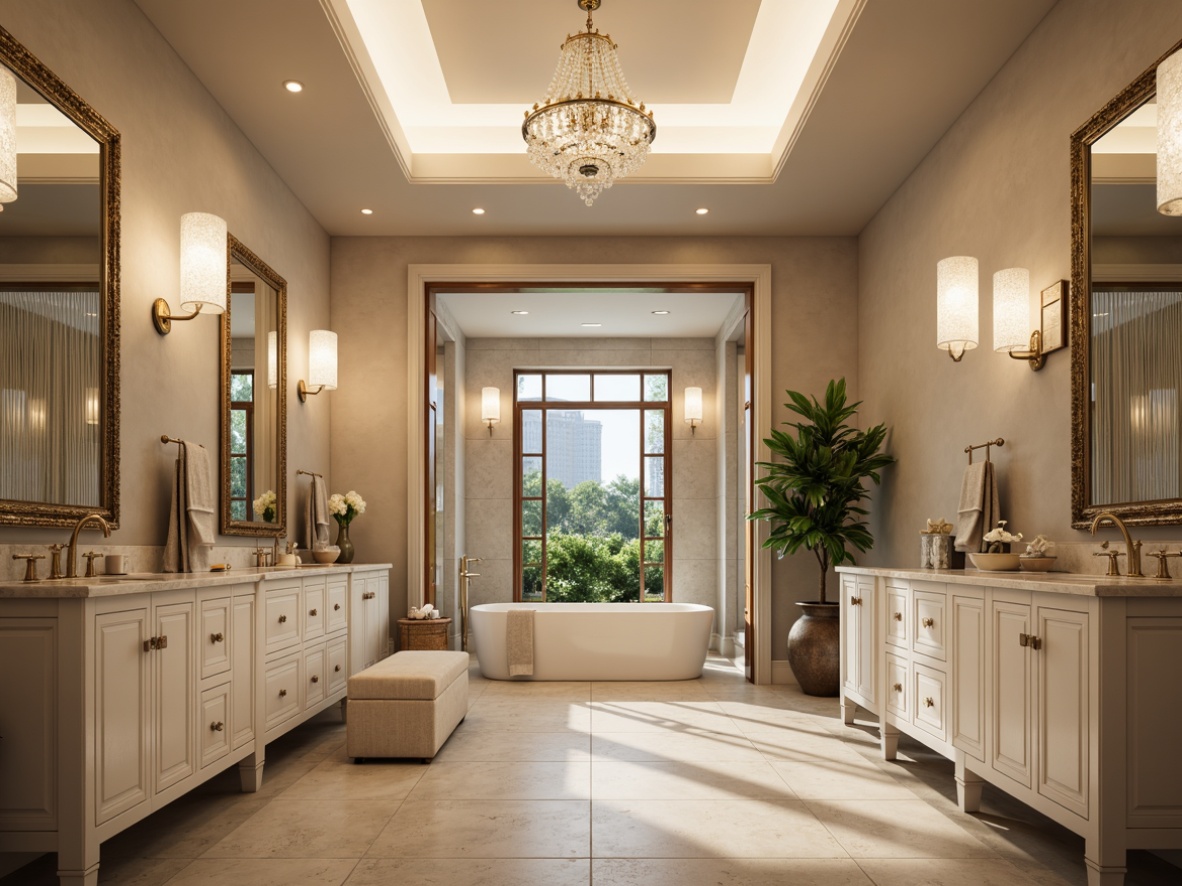 Prompt: Elegant bathroom, soft warm lighting, polished chrome fixtures, crystal glass shades, recessed ceiling lights, LED strip lights, wall-mounted sconces, ornate mirrors, marble countertops, white cabinets, modern faucets, rainfall showerheads, freestanding tubs, natural stone floors, botanical plants, calm ambiance, shallow depth of field, 1/2 composition, warm color temperature.