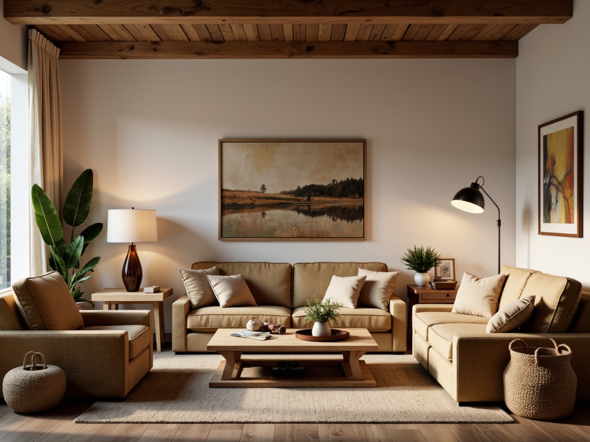 Prompt: Cozy living room, plush sofas, velvety armchairs, wooden coffee tables, rustic side tables, woven baskets, soft cushions, earthy tones, natural textiles, warm lighting, table lamps, floor lamps, minimalist decor, modern accents, abstract artwork, greenery, potted plants, calm atmosphere, inviting ambiance, 3/4 composition, shallow depth of field, realistic textures.