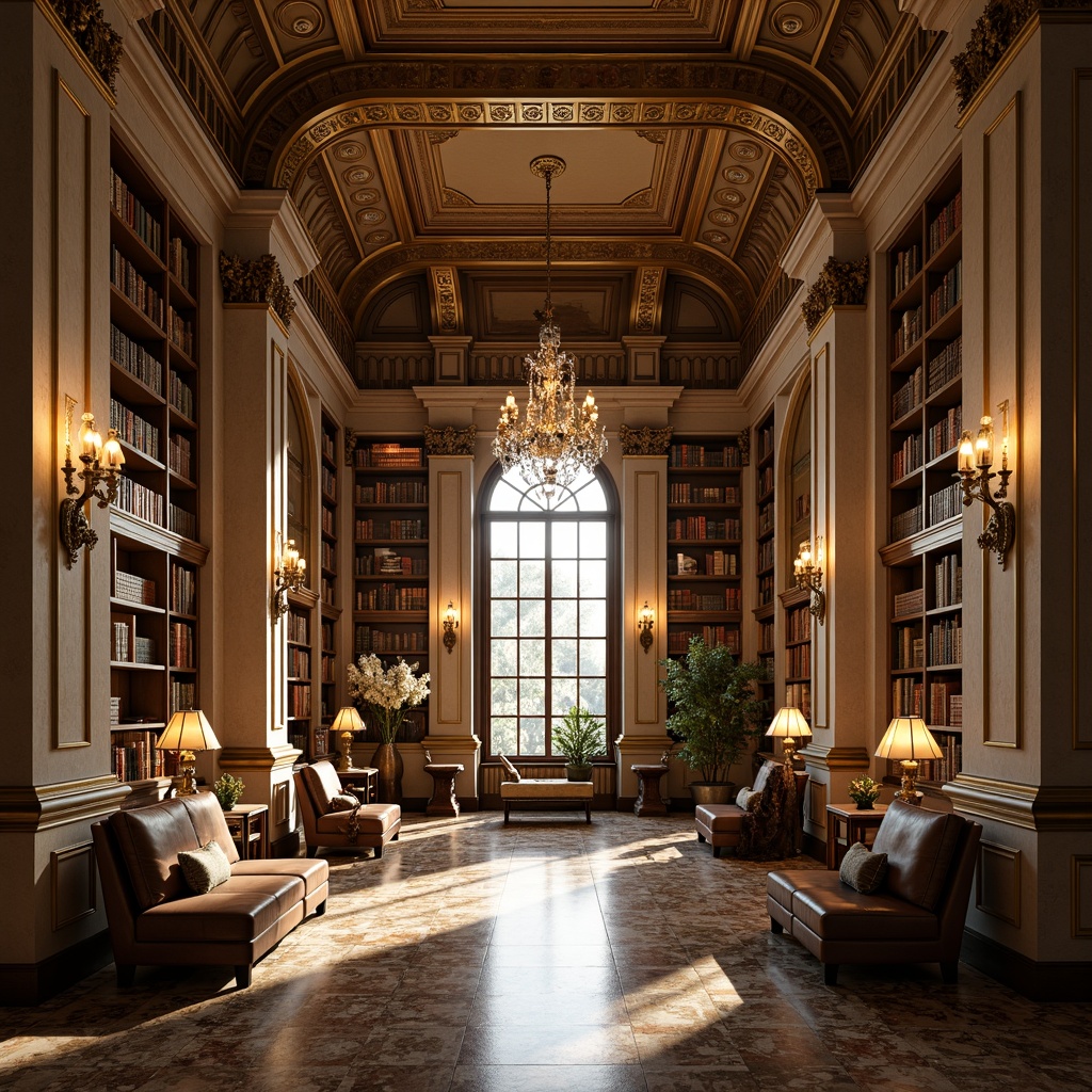 Prompt: Opulent library interior, grandiose Neoclassicism architecture, majestic columns, ornate moldings, polished marble floors, warm golden lighting, crystal chandeliers, elegant sconces, refined bronze fixtures, subtle patina effects, soft warm glow, high ceilings, large windows, natural light diffusion, intricate plasterwork, ornamental bookshelves, leather-bound tomes, comfortable reading nooks, sophisticated ambiance, realistic textures, ambient occlusion.