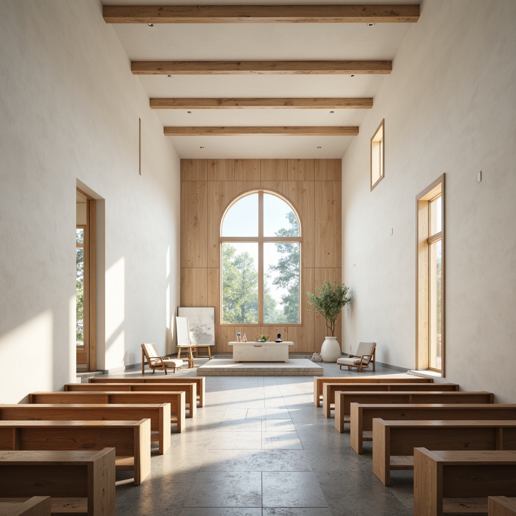 Prompt: Light-filled Nordic chapel, creamy white walls, warm beige wood accents, soft gray stone floors, subtle natural textures, minimalist decor, sparse furniture, elegant wooden pews, simple altar design, calming atmosphere, soft diffused lighting, serene ambiance, gentle color palette, muted pastel hues, soothing cream tones, pale blue accents, rustic wooden beams, traditional Nordic patterns, understated ornaments, peaceful surroundings, forest-inspired views, misty morning light, shallow depth of field, 1/2 composition.