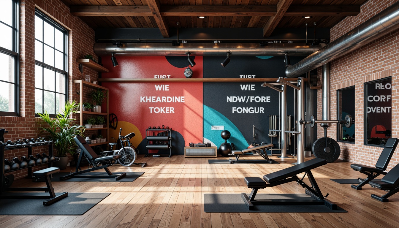 Prompt: Modern home gym, sleek metal equipment, vibrant color accents, motivational quotes, industrial-chic lighting, reclaimed wood flooring, exposed brick walls, contemporary minimalist decor, state-of-the-art technology, high-gloss finishes, abstract geometric patterns, dynamic mirror reflections, invigorating natural light, 1/1 composition, realistic textures, ambient occlusion.