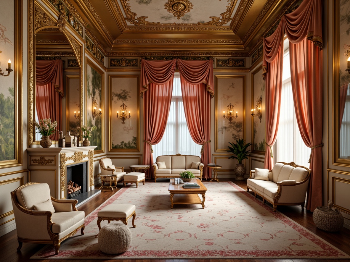 Prompt: Opulent Rococo palace, intricately carved wooden panels, gilded mirrors, ornate furnishings, lavish velvet drapes, rich brocade fabrics, soft silk upholstery, delicate lace trimmings, exquisite embroidery patterns, Baroque-inspired motifs, pastel color palette, warm golden lighting, shallow depth of field, 1/1 composition, realistic textures, ambient occlusion.