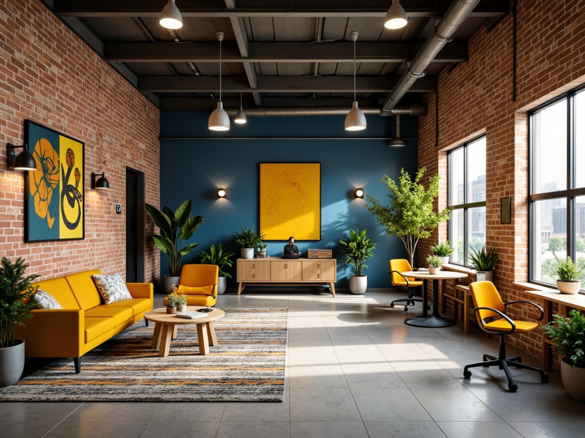 Prompt: Vibrant startup office, modern industrial chic, exposed brick walls, reclaimed wood furniture, eclectic artwork, bold yellow accents, deep blue tones, rich greenery, natural textiles, geometric patterns, minimalist decor, ergonomic seating, flexible workstations, collaborative spaces, abundant natural light, airy atmosphere, warm cozy corners, abstract sculptures, urban loft vibe.