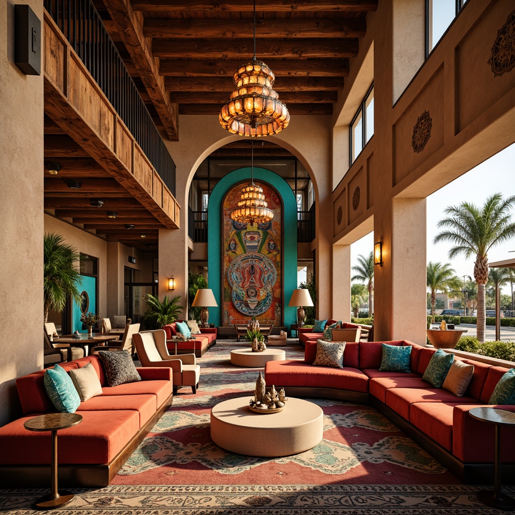 Prompt: Southwestern-themed casino interior, warm earthy tones, rich wood accents, vibrant turquoise hues, plush velvet fabrics, ornate metalwork details, rustic wooden beams, stucco walls, geometric patterned rugs, Native American-inspired textiles, statement lighting fixtures, bold colorful artwork, luxurious leather upholstery, sculptural furniture pieces, desert botanicals, sun-drenched ambiance, dramatic ceiling heights, grand chandeliers, 1/2 composition, warm softbox lighting, realistic reflections.