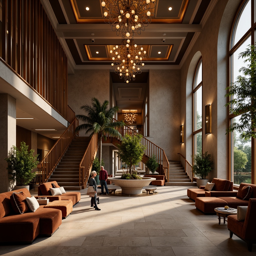 Prompt: Luxurious hotel lobby, rich wood accents, velvety soft furnishings, metallic lighting fixtures, natural stone flooring, grand staircase, opulent chandeliers, earthy tone color palette, lush greenery, comfortable seating areas, warm atmospheric lighting, shallow depth of field, 3/4 composition, realistic textures, ambient occlusion.