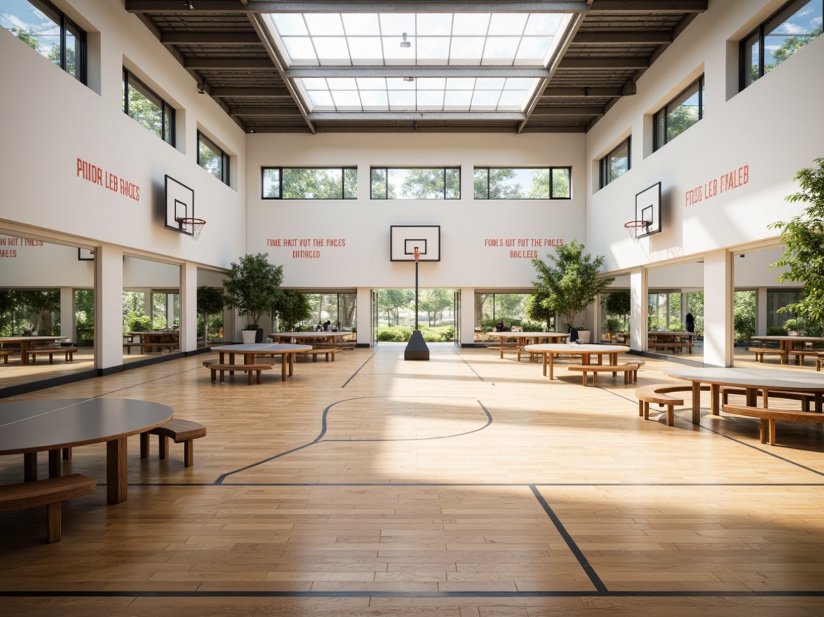 Prompt: Vibrant gymnasium interior, natural light pouring in, large windows, clerestory windows, skylights, bright white walls, polished wooden floors, sleek metal beams, modern minimalist design, athletic equipment, basketball hoops, tennis tables, exercise machines, mirrored walls, motivational quotes, green plants, fresh air, warm atmosphere, shallow depth of field, 1/1 composition, realistic textures, ambient occlusion.