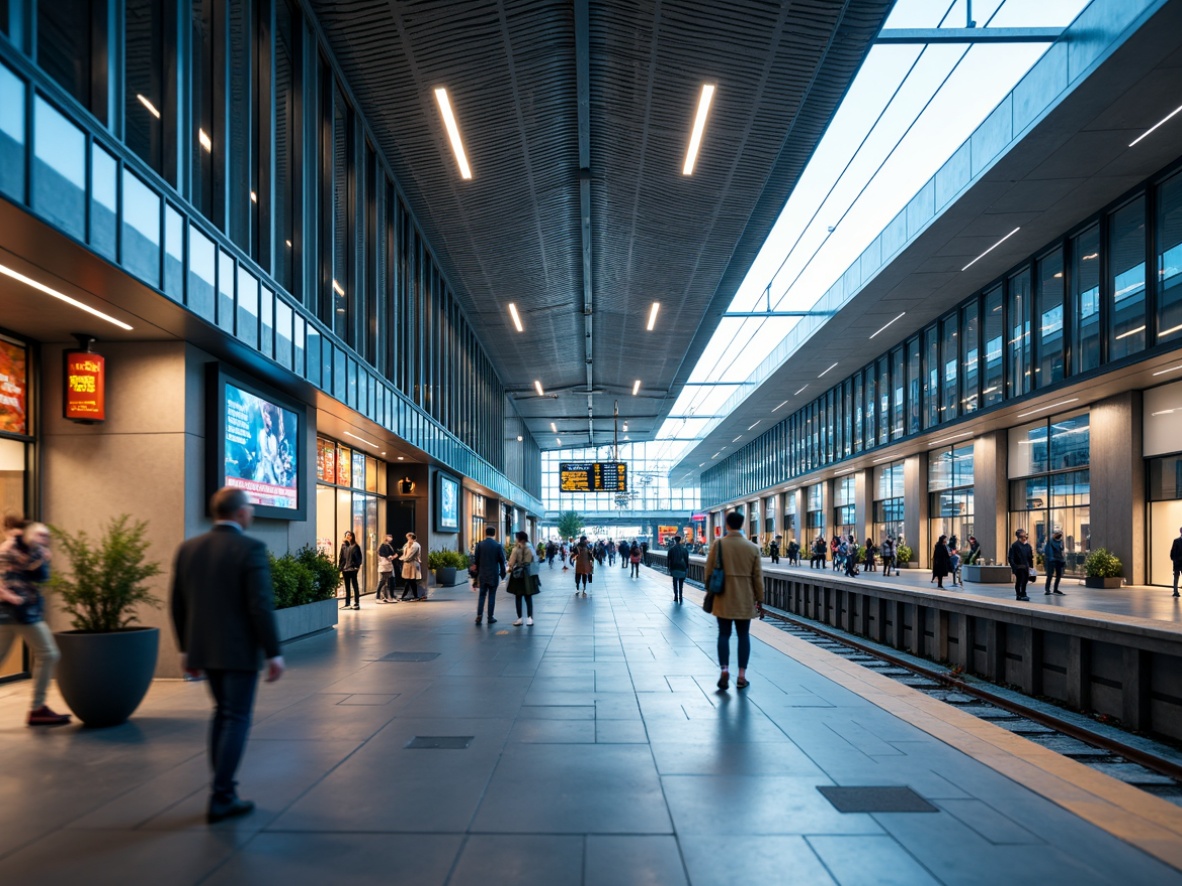 Prompt: Vibrant train station, modern architecture, sleek glass surfaces, minimalist design, clear signage, easy navigation, wayfinding signs, digital displays, real-time information, intuitive interface, color-coded routes, simplified maps, prominent landmarks, pedestrian-friendly paths, ample natural light, comfortable seating areas, bustling atmosphere, rush hour crowds, dynamic lighting effects, 1/2 composition, shallow depth of field, realistic textures.