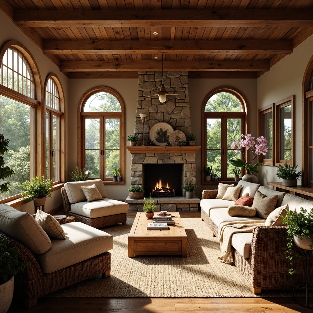 Prompt: Cozy living room, wooden beam ceiling, large windows, stained glass doors, soft warm lighting, natural stone fireplace, earthy color palette, woven textiles, vintage furniture pieces, rich wood tones, comfortable reading nooks, lush greenery, blooming plants, sunny day, shallow depth of field, 3/4 composition, panoramic view, realistic textures, ambient occlusion.