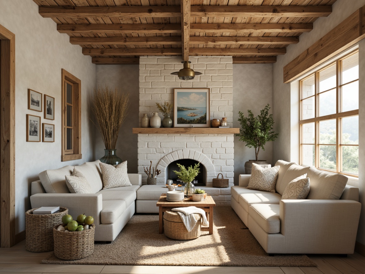 Prompt: Rustic farmhouse, vintage decor, earthy tones, weathered wood accents, natural stone walls, soft pastel hues, creamy whites, warm beige, mossy greens, sky blues, distressed finishes, reclaimed wood textures, country-chic ambiance, cozy atmosphere, warm lighting, shallow depth of field, 1/1 composition, realistic renderings.