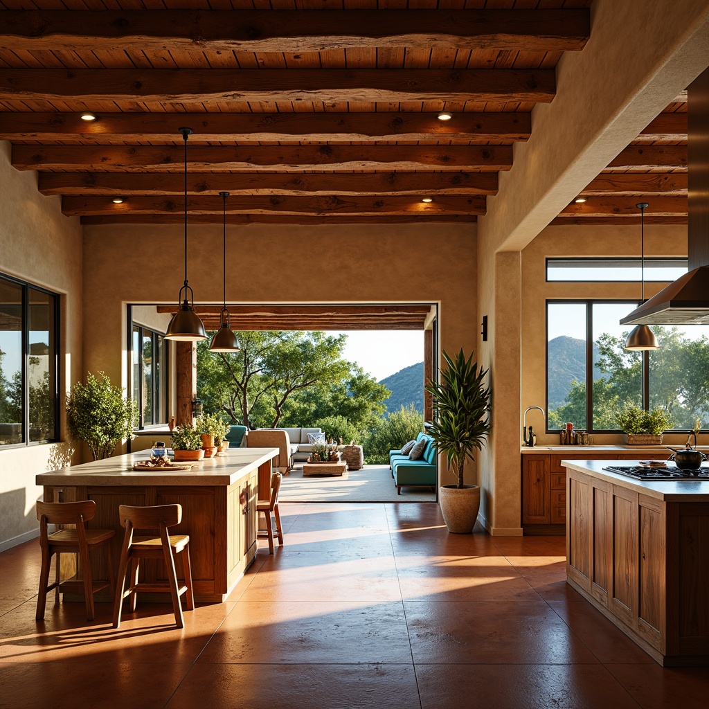 Prompt: Warm southwestern kitchen, rustic wooden cabinets, earthy terracotta floors, vibrant turquoise accents, pendant lamps, recessed ceiling lights, soft warm glow, natural light pouring in through large windows, sliding glass doors, outdoor patio views, lush greenery, cacti plants, warm beige walls, distressed wood beams, modern appliances, sleek countertops, ambient occlusion, shallow depth of field, 3/4 composition, realistic textures.