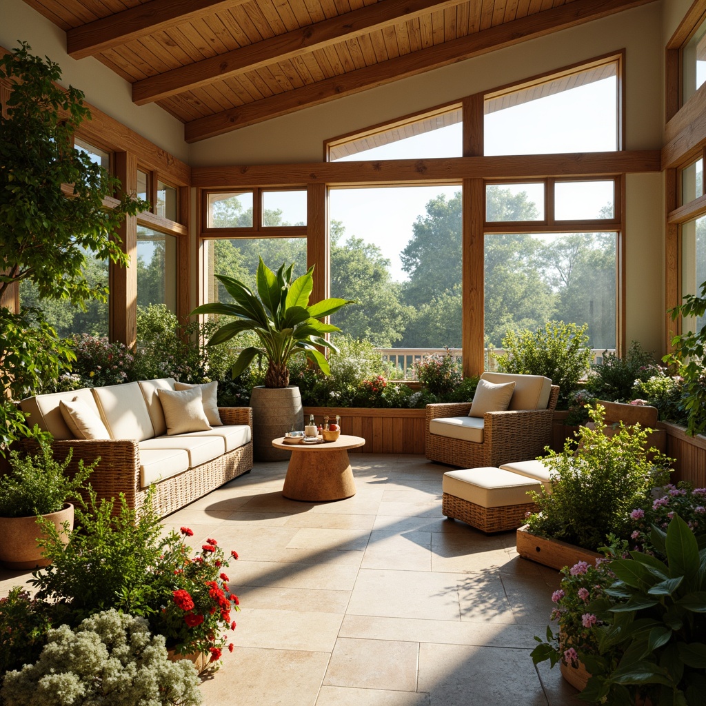 Prompt: Vibrant sunroom, warm natural light, lush greenery, blooming flowers, comfortable seating areas, wooden accents, earthy tones, soothing pastel hues, creamy whites, soft blues, calming neutrals, natural stone floors, large windows, sliding glass doors, tropical plants, cozy reading nooks, relaxing ambiance, warm beige walls, rustic wood beams, refreshing citrus colors, sunny day, soft warm lighting, shallow depth of field, 3/4 composition.