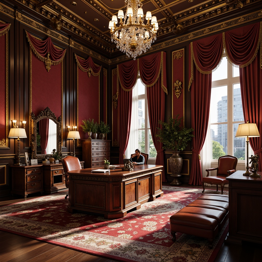 Prompt: Luxurious office space, ornate Baroque furniture, rich velvet upholstery, intricately carved wooden desks, gilded frames, majestic chandeliers, crystal droplets, lavish drapery, opulent fabrics, stately leather armchairs, bronze statue decorations, regal color palette, dramatic lighting effects, high-contrast shading, 1/2 composition, symmetrical layout, realistic textures, ambient occlusion.