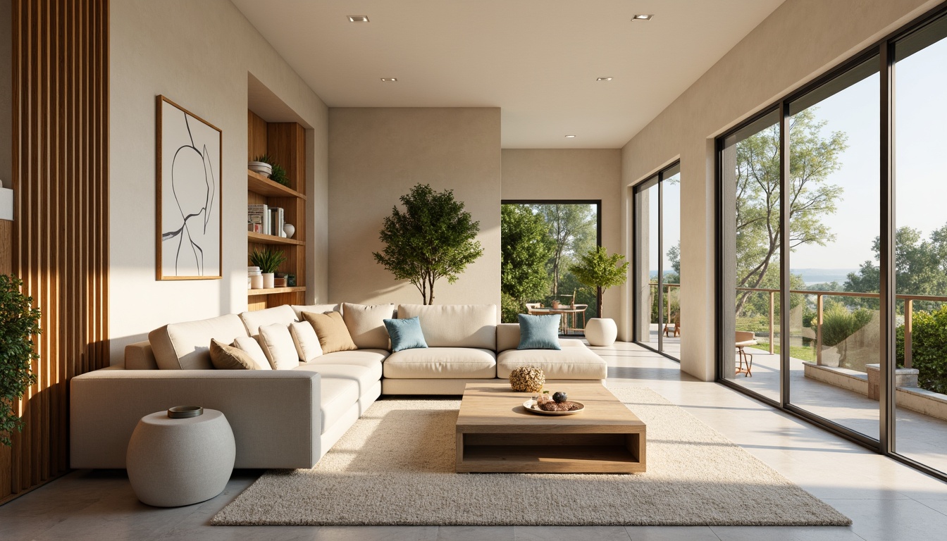 Prompt: Cozy living room, soft warm beige walls, rich wood accents, plush velvet sofa, modern minimalist coffee table, vibrant greenery, natural stone flooring, large windows, abundance of natural light, calm relaxing atmosphere, pastel color scheme, creamy whites, gentle grays, blues and greens, earthy tones, subtle texture variations, realistic material renderings, 3/4 composition, shallow depth of field, warm golden lighting.