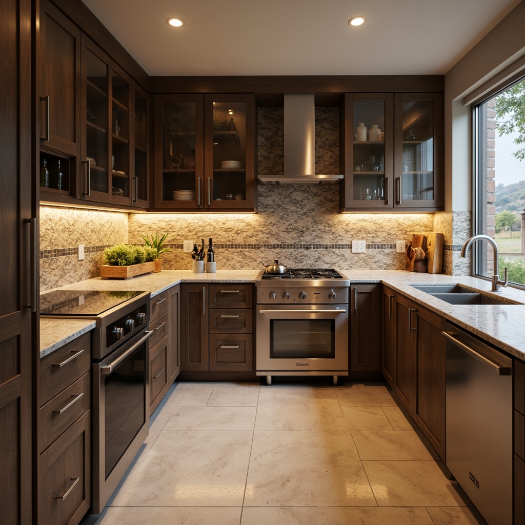 Prompt: Modern kitchen, sleek cabinets, granite countertops, stainless steel appliances, glass tile backsplash, subtle mosaic patterns, earthy tones, natural stone textures, ambient lighting, warm color scheme, 1/1 composition, shallow depth of field, soft focus.