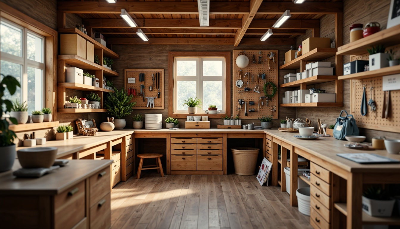 Prompt: Cozy crafting studio, wooden workbenches, organized storage units, labeled drawers, stackable containers, pegboards, hanging tools, colorful craft supplies, natural wood textures, warm task lighting, shallow depth of field, 1/1 composition, realistic render, ambient occlusion.