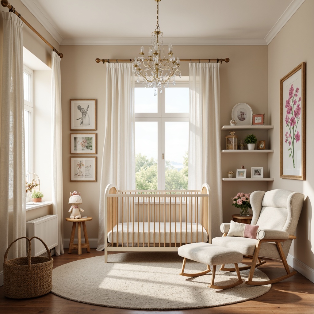 Prompt: Whimsical nursery, soft pastel colors, delicate lace curtains, plush area rug, adorable crib, gentle rocking chair, sweet mobiles, tender toys, framed baby photos, creamy white furniture, subtle wood accents, calming natural light, sheer drapery, soothing music, serene ambiance, warm beige walls, elegant chandelier, dainty flowers, refined crown molding, sophisticated neutrals, vintage-inspired decor, rustic wooden shelves, cozy reading nook, inviting glider, peaceful atmosphere.