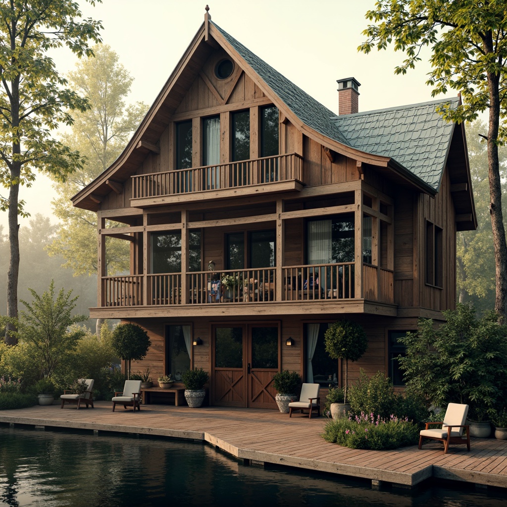 Prompt: \Rustic wooden dock, ornate Victorian-style boathouse, steeply pitched roof, decorative trusses, intricately carved wooden trim, stained glass windows, vintage nautical accents, distressed wood siding, weathered copper roofing, grandiose entrance doors, ornamental ironwork, lush greenery surroundings, serene lake views, warm golden lighting, soft misty atmosphere, 1/1 composition, realistic water reflections, ambient occlusion.\