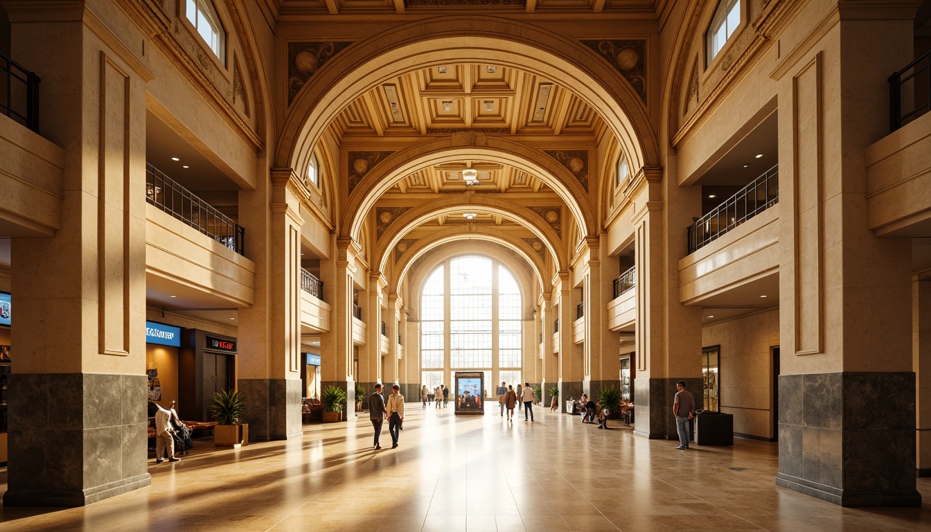 Prompt: Grand archways, ornate columns, elegant stone carvings, high ceilings, spacious arrival halls, intricate moldings, classical proportions, symmetrical compositions, warm beige marble floors, luxurious golden lighting, soft focus effects, shallow depth of field, 1/1 composition, realistic textures, ambient occlusion, bustling airport atmosphere, busy travelers, luggage carts, modern airline counters, sleek airport signage.