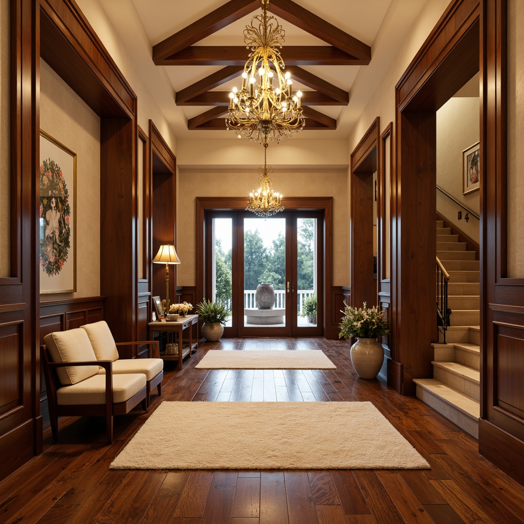 Prompt: Luxurious entrance hall, rich wood tones, polished wooden floors, ornate doorways, grand chandeliers, elegant staircases, warm beige walls, natural stone accents, sophisticated furniture pieces, refined textures, subtle sheen finishes, soft golden lighting, shallow depth of field, 1/1 composition, inviting atmosphere, realistic reflections, ambient occlusion.