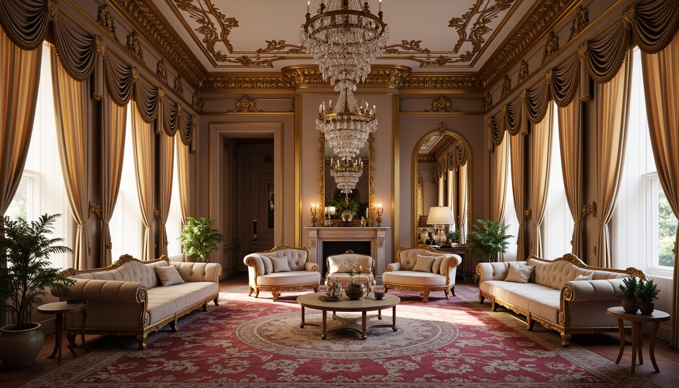 Prompt: Ornate Rococo interior, lavish velvet upholstery, intricately carved wooden furniture, gilded metal accents, ornamental mirrors, crystal chandeliers, luxurious silk fabrics, soft golden lighting, shallow depth of field, 1/1 composition, realistic textures, ambient occlusion, opulent tufted sofas, curved lines, French-inspired patterns, vibrant pastel colors, delicate floral motifs, subtle sheen effects.