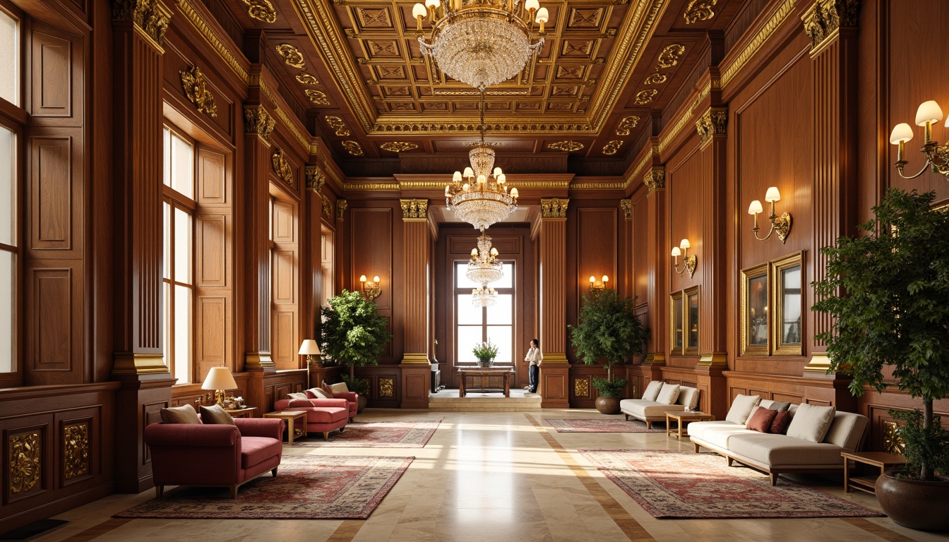 Prompt: Grandiose hall, neoclassical interior design, intricately carved wooden paneling, ornate gold leaf details, creamy marble flooring, polished bronze hardware, velvety soft furnishings, richly patterned rugs, crystal chandeliers, subtle warm lighting, 1/1 composition, shallow depth of field, realistic reflections, ambient occlusion.