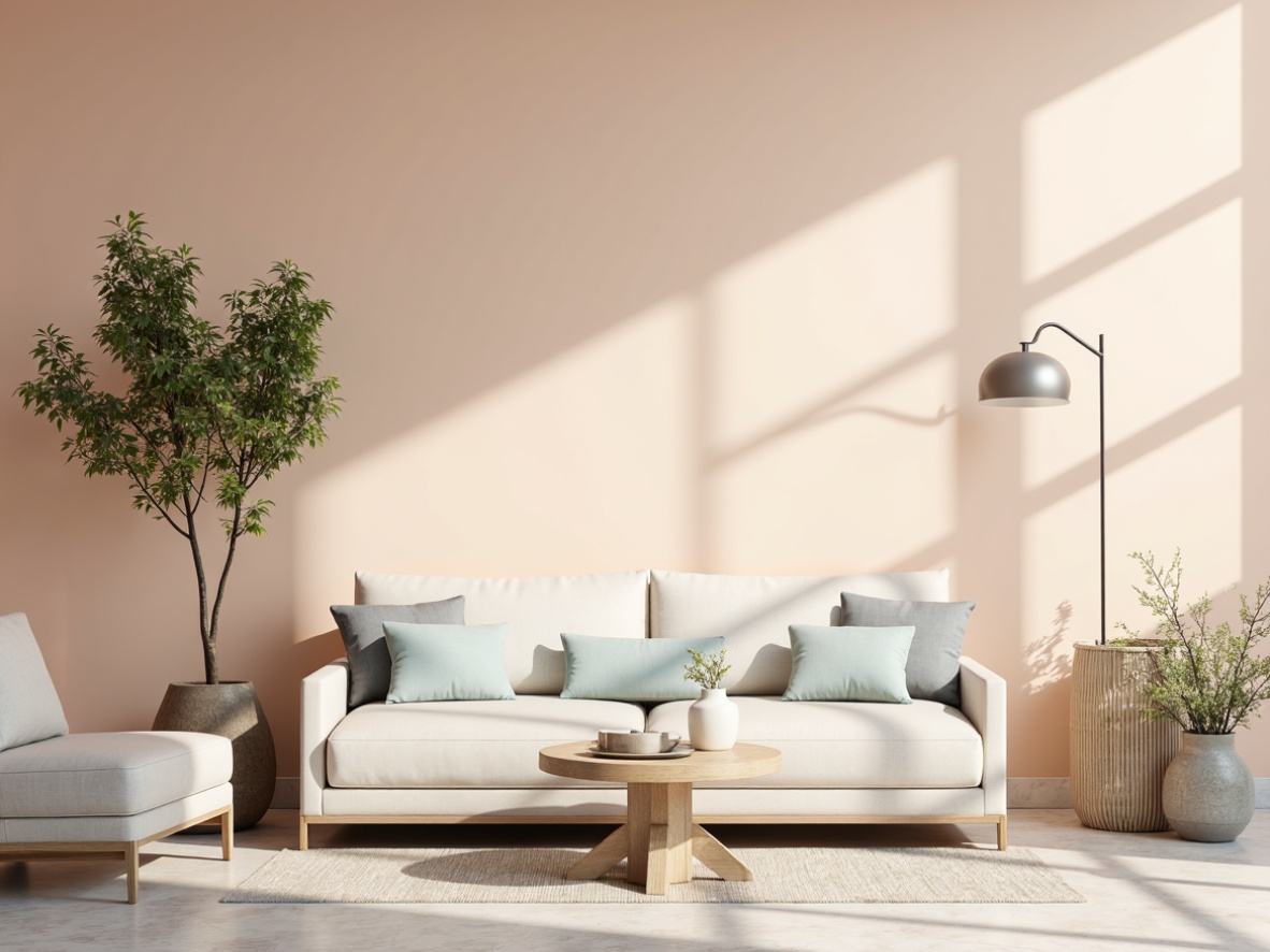 Prompt: Soft peach tones, calming whites, gentle creams, soothing grays, pale blues, muted greens, warm beige accents, natural wood textures, subtle linen patterns, elegant marble surfaces, refined metal details, delicate floral arrangements, serene morning light, shallow depth of field, 1/1 composition, realistic reflections, ambient occlusion.