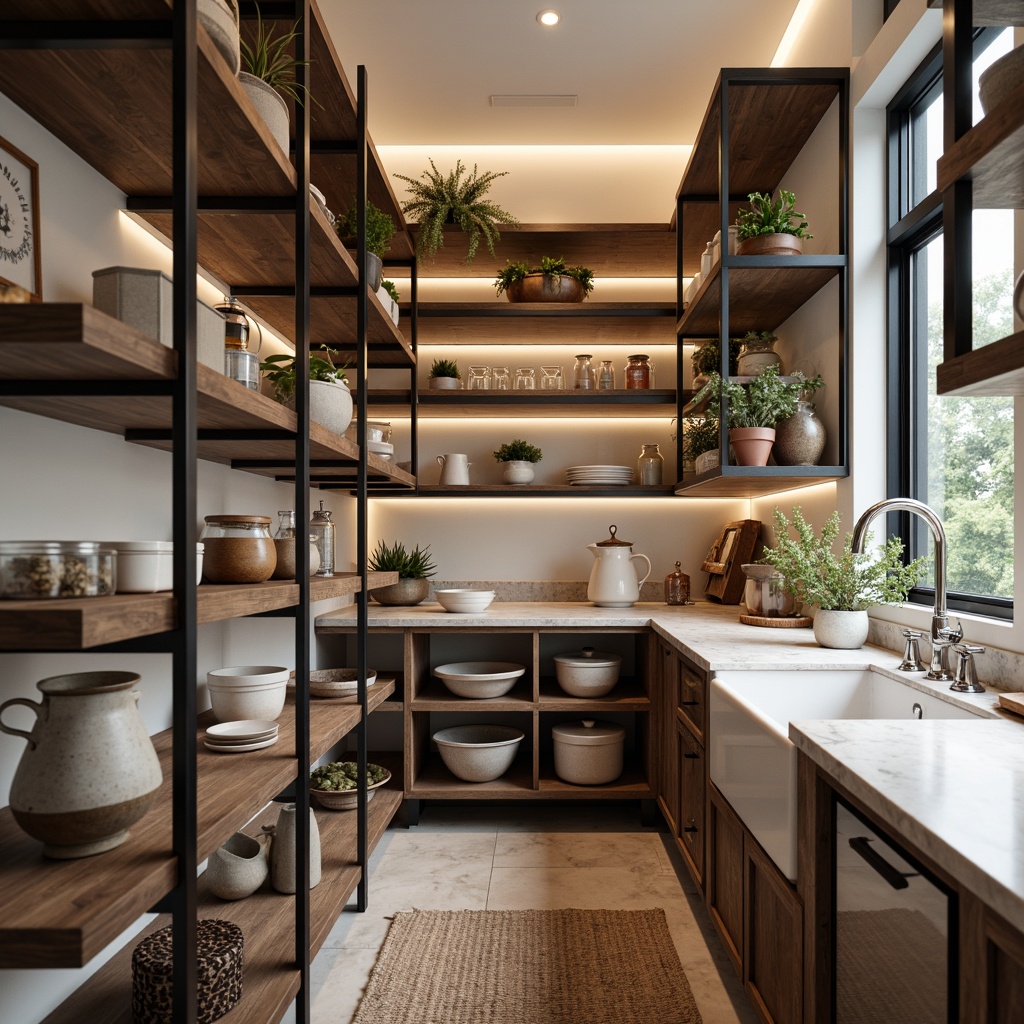 Prompt: Modern pantry, open shelving system, industrial metal frames, reclaimed wood shelves, decorative glass jars, rustic ceramic containers, warm LED lighting, natural stone countertops, farmhouse-style sink, polished chrome fixtures, airy interior, plenty of storage space, 3/4 composition, soft focus effect, realistic textures, ambient occlusion.