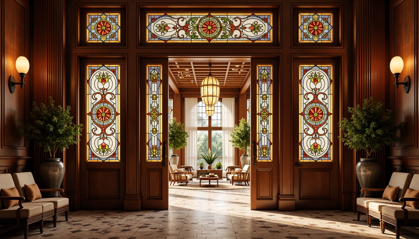 Prompt: Opulent traditional entryway, grand wooden doors, ornate metal hardware, stained glass panels, vibrant colorful patterns, floral motifs, intricate geometric designs, symmetrical compositions, warm golden lighting, soft focus, shallow depth of field, 1/1 composition, realistic textures, ambient occlusion, luxurious interior spaces, rich wood tones, plush furnishings, elegant chandeliers, sophisticated decor.