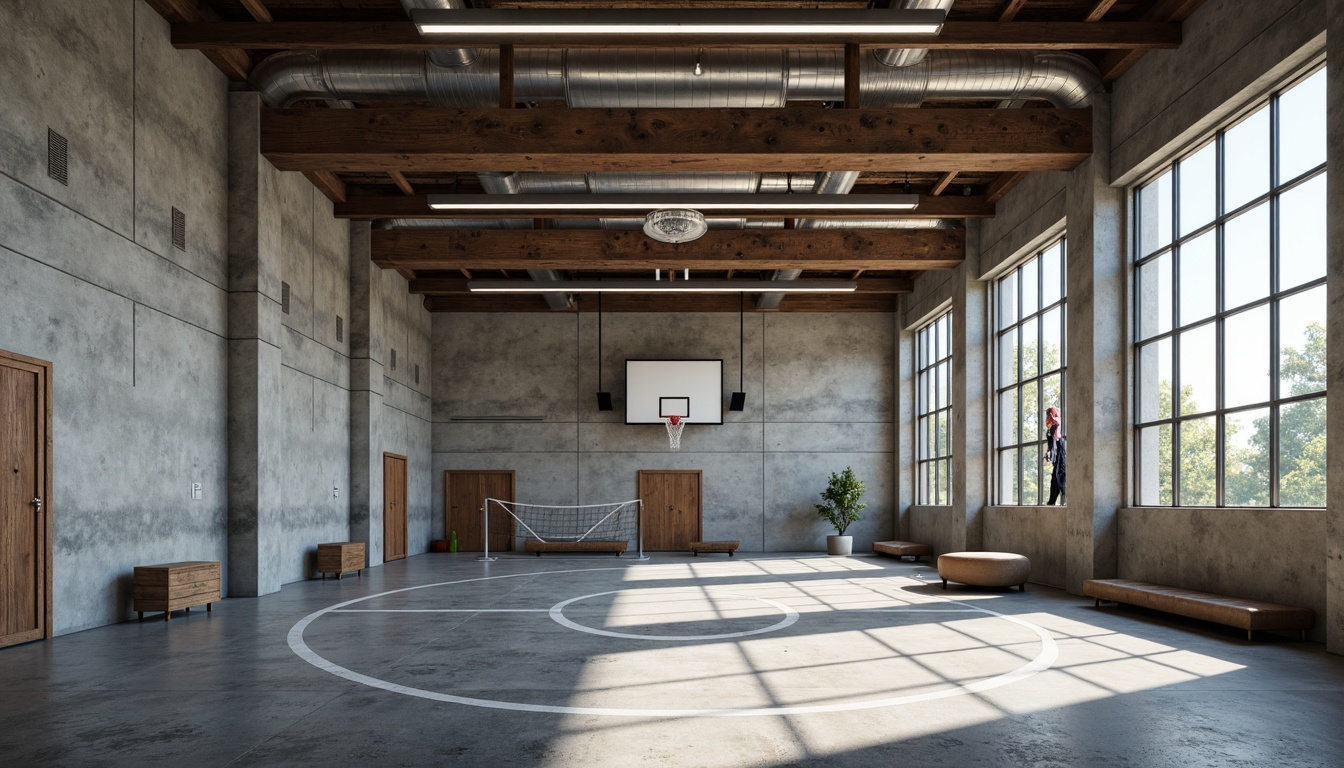 Prompt: Exposed concrete walls, brutalist architecture, industrial-style lighting fixtures, textured stone floors, metallic beams, minimalist design, functional layout, athletic equipment, basketball hoops, volleyball nets, climbing ropes, gymnastic apparatus, raw concrete columns, distressed wood accents, natural ventilation systems, abundant daylight, high ceilings, dramatic shadows, 1/2 composition, low-angle shot, realistic materials, ambient occlusion.