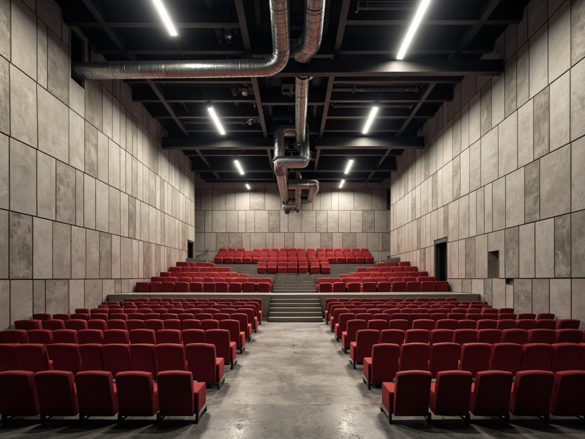 Prompt: Raw concrete walls, brutalist architecture, grand auditorium, stepped seating, minimalist design, industrial materials, exposed ductwork, steel beams, bold color accents, dramatic lighting, high ceiling, open floor plan, urban atmosphere, cold harsh lighting, deep shadows, 1-point perspective, symmetrical composition, realistic textures, ambient occlusion.