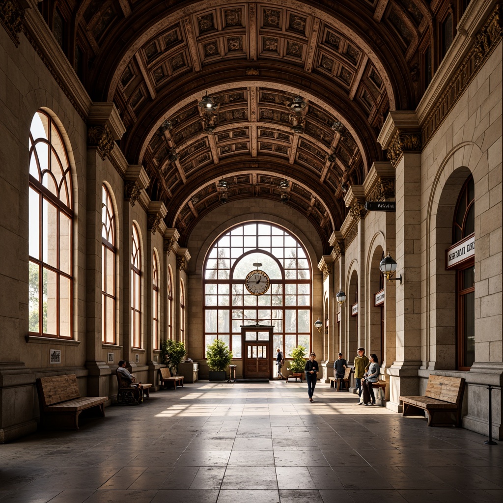 Prompt: Grand train station, Beaux-Arts architecture, ornate details, rusticated stone walls, arched windows, intricate metalwork, copper accents, vintage luggage carts, distressed wooden benches, nostalgic signage, warm golden lighting, soft focus, shallow depth of field, 1/1 composition, symmetrical framing, realistic textures, ambient occlusion.