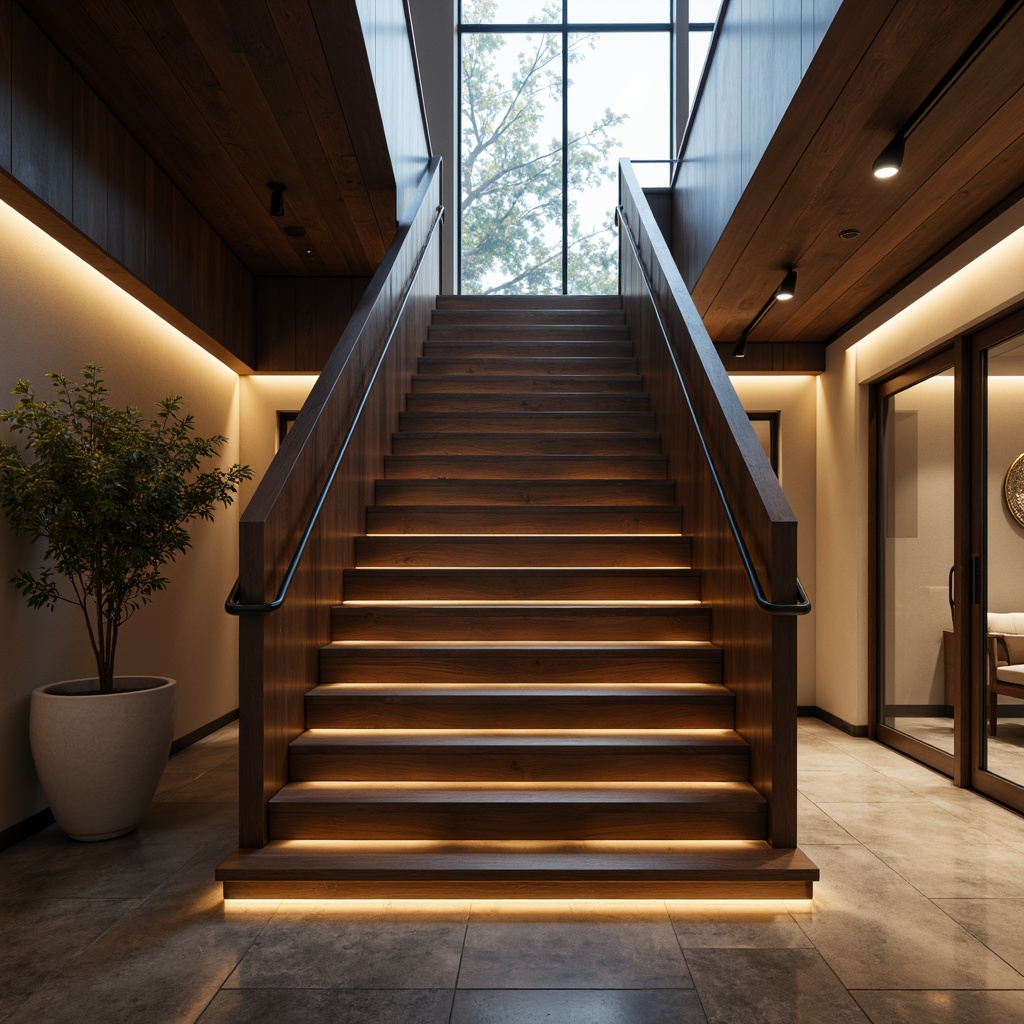 Prompt: Sleek modern staircase, minimalist design, stainless steel handrails, curved lines, glossy finish, ambient lighting, shadow gaps, floating steps, wooden or glass balustrades, geometric patterns, metallic accents, luxurious textiles, soft warm glow, 1/2 composition, realistic reflections, high-contrast rendering.