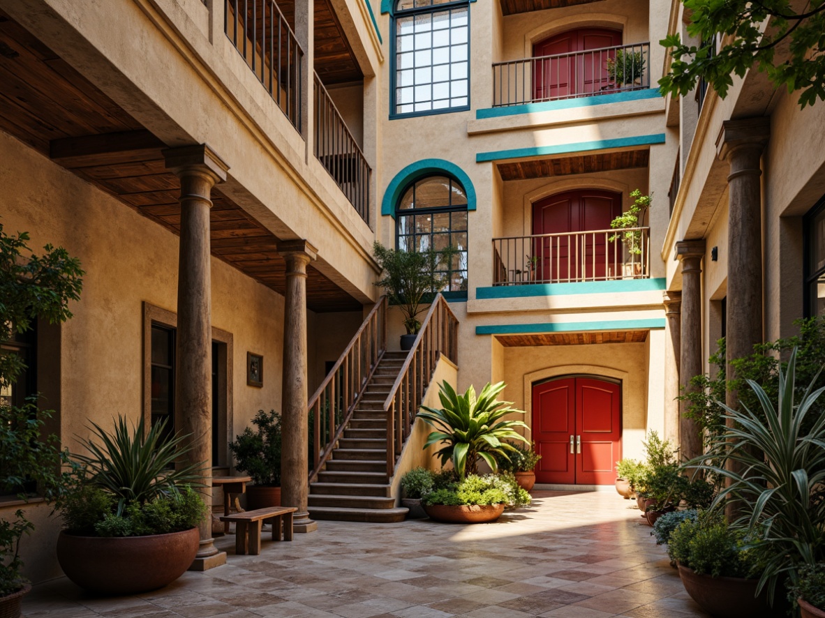 Prompt: Historic courthouse building, eclectic architectural style, rich earthy tones, warm beige walls, rustic wooden accents, ornate stone carvings, grand staircases, vibrant turquoise trim, bold red doors, stately columns, lush greenery, natural light pouring in, soft warm lighting, shallow depth of field, 3/4 composition, realistic textures, ambient occlusion.