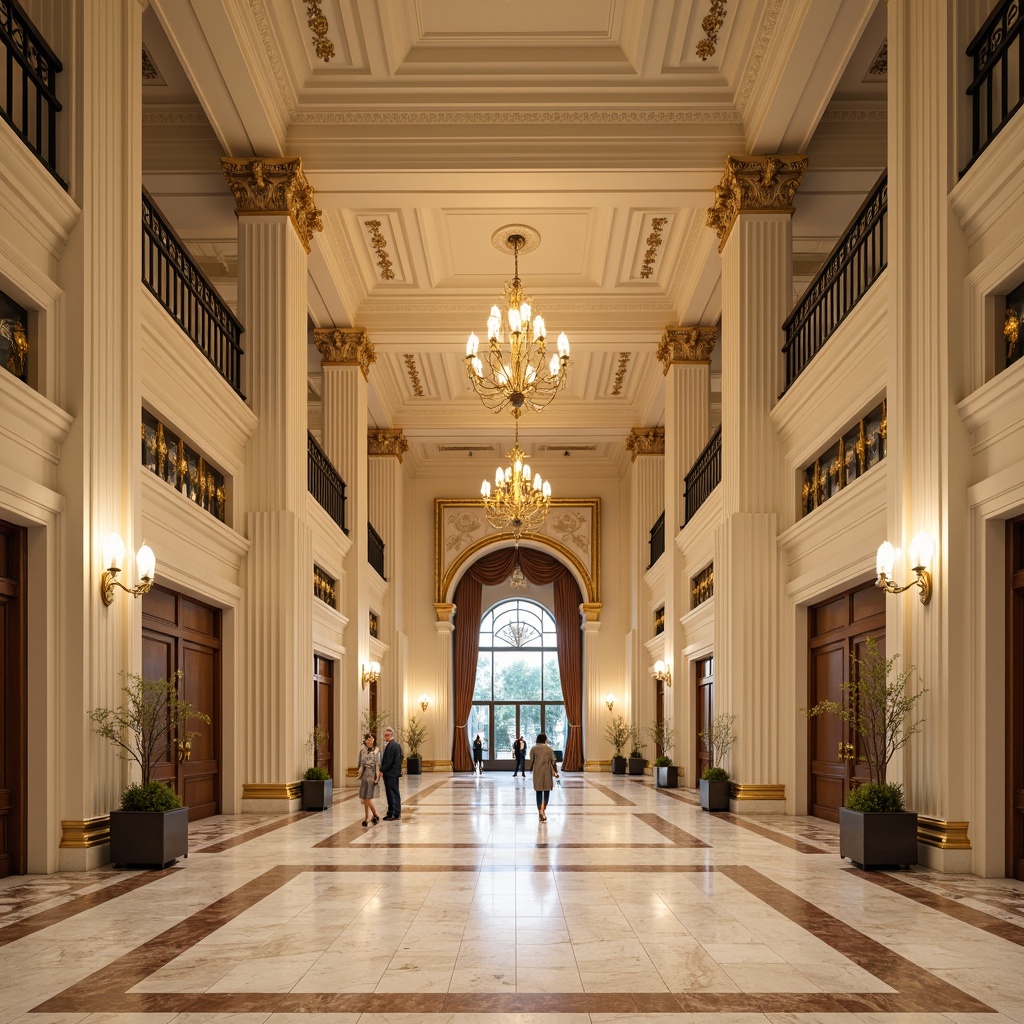 Prompt: Majestic distribution center, neoclassical architecture, ornate columns, grand entrance, symmetrical facade, cream-colored stucco, ionic capitals, polished marble floors, intricate moldings, gilded accents, luxurious chandeliers, warm beige walls, soft golden lighting, shallow depth of field, 1/2 composition, realistic textures, ambient occlusion.