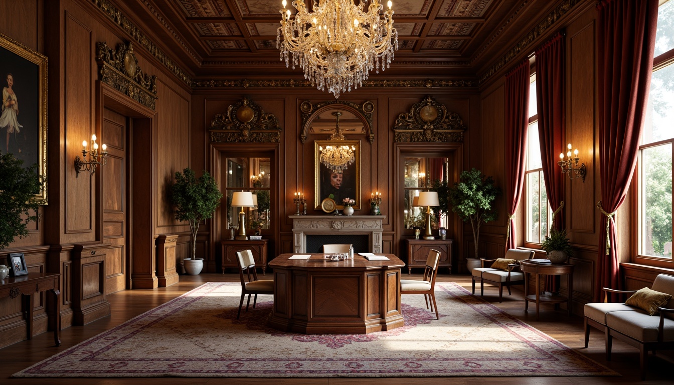 Prompt: Ornate office, rich wood paneling, lavish furnishings, crystal chandeliers, golden sconces, luxurious drapery, velvet upholstery, intricate carvings, ornamental mirrors, majestic archways, grandiose staircases, warm soft lighting, subtle shadows, 1/2 composition, intimate atmosphere, realistic textures, ambient occlusion.