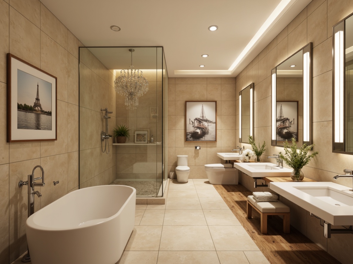 Prompt: Transitional bathroom, warm beige walls, elegant white countertops, polished chrome fixtures, LED strip lighting, recessed ceiling lights, crystal chandelier, freestanding tub, rainfall showerhead, natural stone flooring, soft warm ambiance, 1/1 composition, shallow depth of field, realistic textures, ambient occlusion.