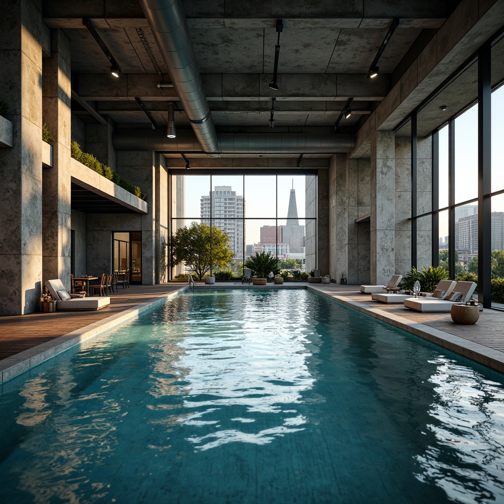 Prompt: Rustic industrial poolside, distressed concrete walls, metallic accents, weathered wood decks, exposed ductwork, urban cityscape backdrop, functional lighting fixtures, bold color blocking, deep blues and grays, rich turquoise waters, sun-drenched afternoon, high-contrast shadows, 1/2 composition, dramatic spotlighting, realistic water ripples, ambient occlusion.