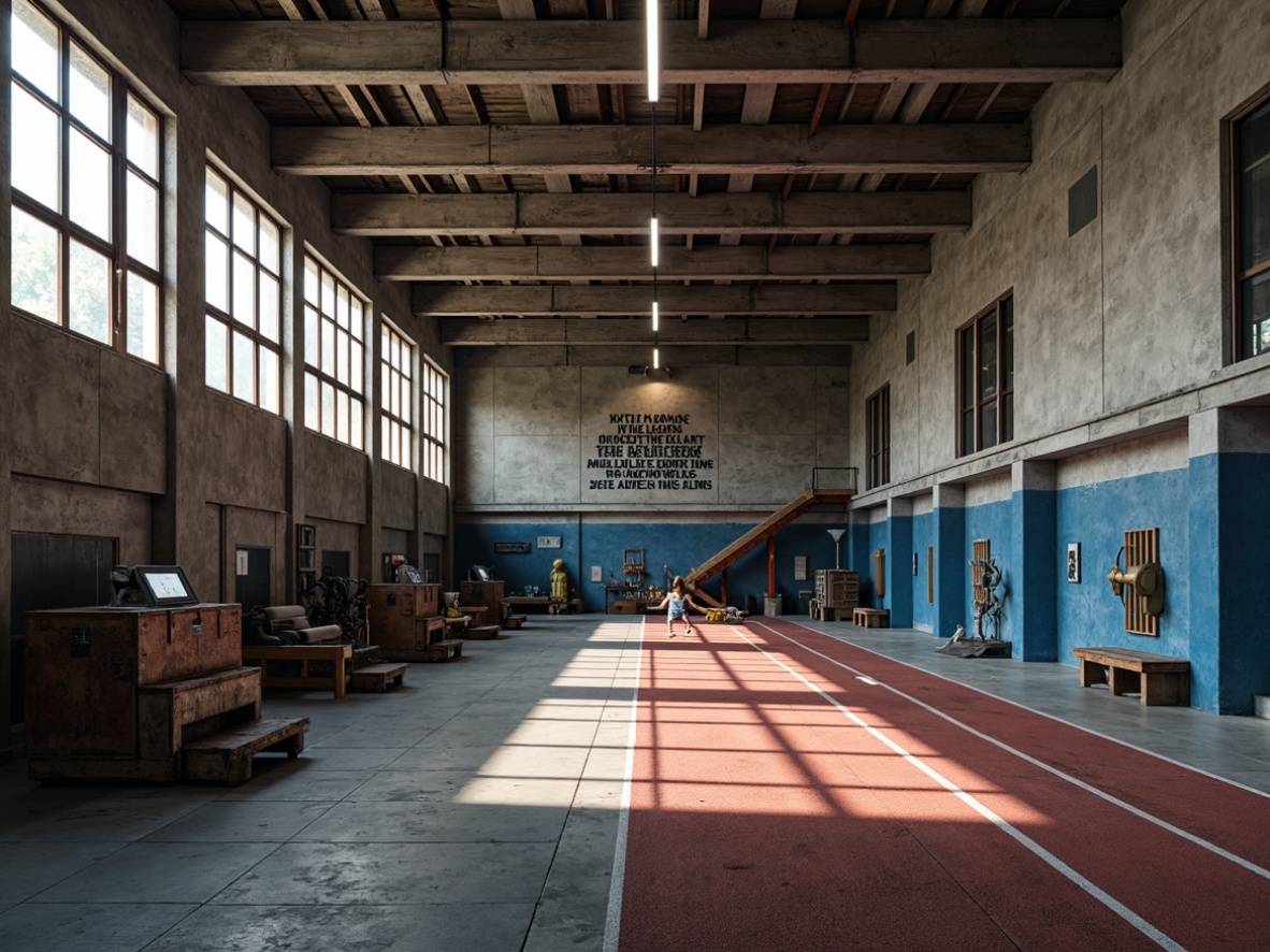 Prompt: Gritty gymnasium interior, brutalist architecture, exposed concrete walls, rough-textured stone floors, industrial-style metal beams, minimalist lighting fixtures, bold color accents, deep blue tones, rusty red hues, weathered steel equipment, worn wooden benches, motivational quotes, athletic track lines, modern fitness machines, natural light pouring in, high ceilings, dramatic shadows, 1/1 composition, warm contrasty lighting, realistic textures, ambient occlusion.