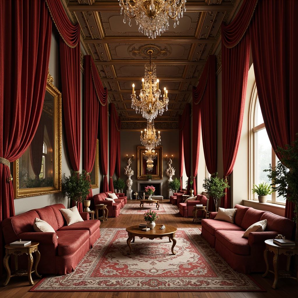 Prompt: Ornate palace, grandiose chandeliers, luxurious velvet drapes, intricately carved wooden furniture, gilded mirrors, ornamental vases, lavish upholstered sofas, curved lines, scrolled legs, gold leaf accents, rich jewel tones, regal atmosphere, soft warm lighting, shallow depth of field, 1/1 composition, realistic textures, ambient occlusion.