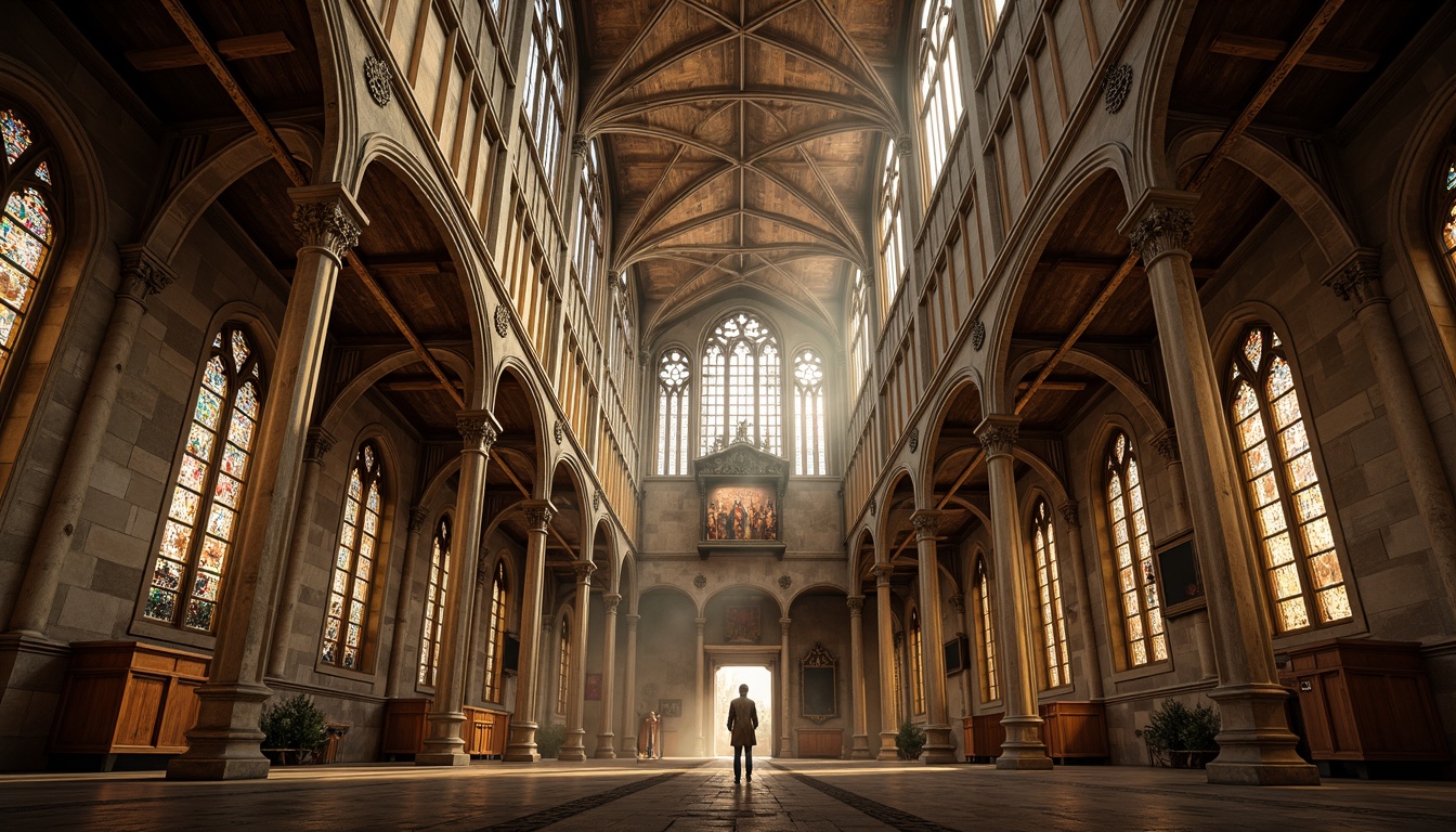 Prompt: Grand Gothic cathedral, ornate stone carvings, intricately patterned stained glass windows, richly textured wood accents, medieval-inspired ironwork, weathered copper roofing, limestone walls, vaulted ceilings, dramatic arches, mystical ambiance, warm golden lighting, high-contrast shading, atmospheric misting, 1/2 composition, cinematic perspective, realistic wear and tear.