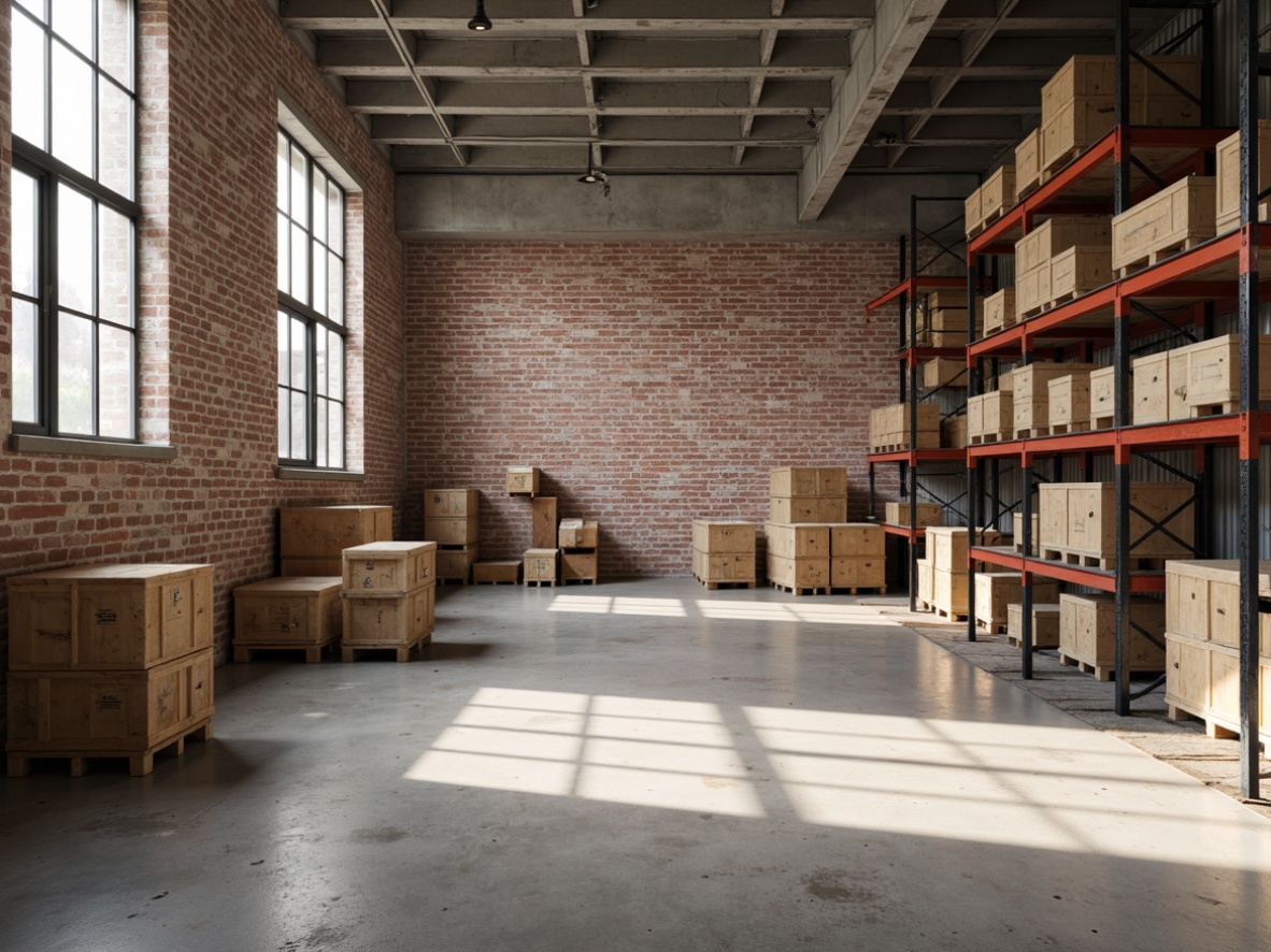 Prompt: Industrial storage room, exposed brick walls, metal shelving units, wooden crates, neutral color palette, beige tones, gray accents, earthy brown hues, natural light pouring in, soft shadows, minimal ornamentation, functional simplicity, clean lines, organized layout, warm LED lighting, subtle texture contrasts.