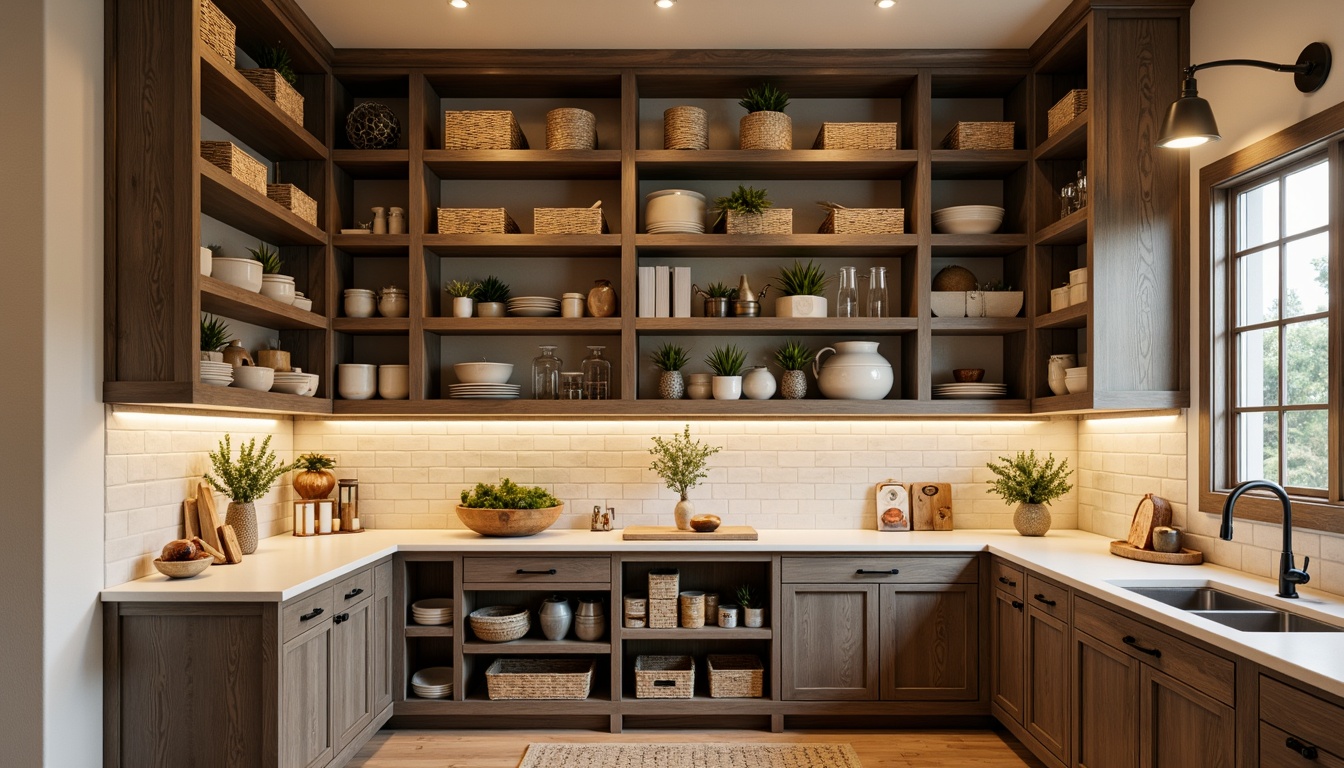 Prompt: Rustic pantry, open shelving units, wooden crates, woven baskets, earthy tones, natural textures, warm ambient lighting, cozy atmosphere, modern farmhouse style, industrial metal accents, glass jar storage, spice racks, utensil organizers, ceramic tile backsplash, matte black hardware, soft beige walls, creamy white countertops, warm wood flooring, 1/1 composition, shallow depth of field, realistic rendering.